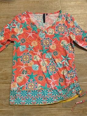 Casey Key Women's S Orange Multicolor Floral V-Neck 3/4 Sleeve Top size S